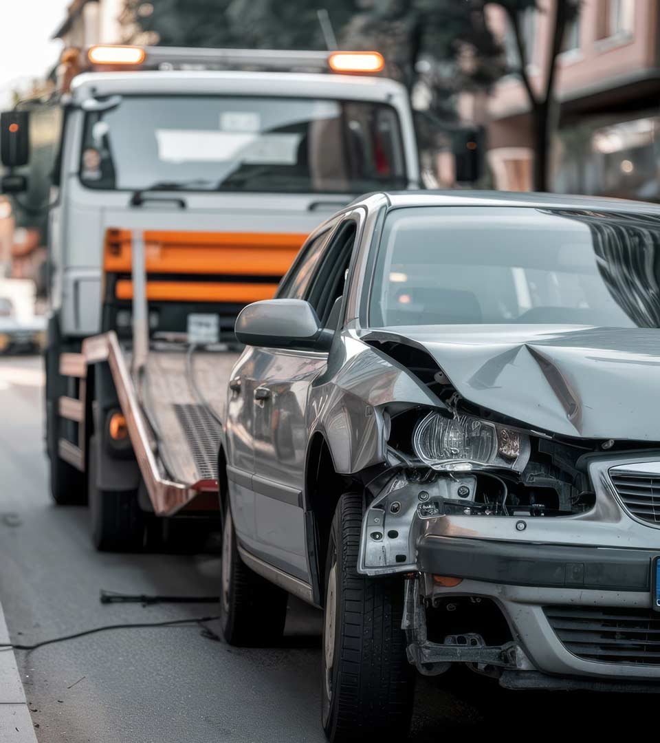 Unfallwagenankauf Daun: Beschädigtes Auto wird nach dem Unfall per Abschleppwagen abgeholt.